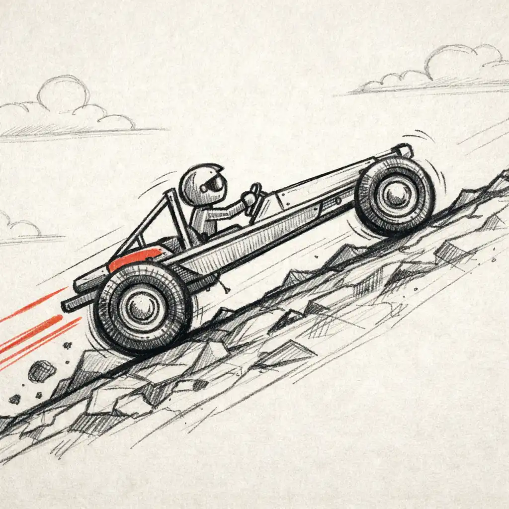 Ręcznie narysowany pojazd z dwoma kołami wspina się po nierównym podjeździe w Doodle Racing.