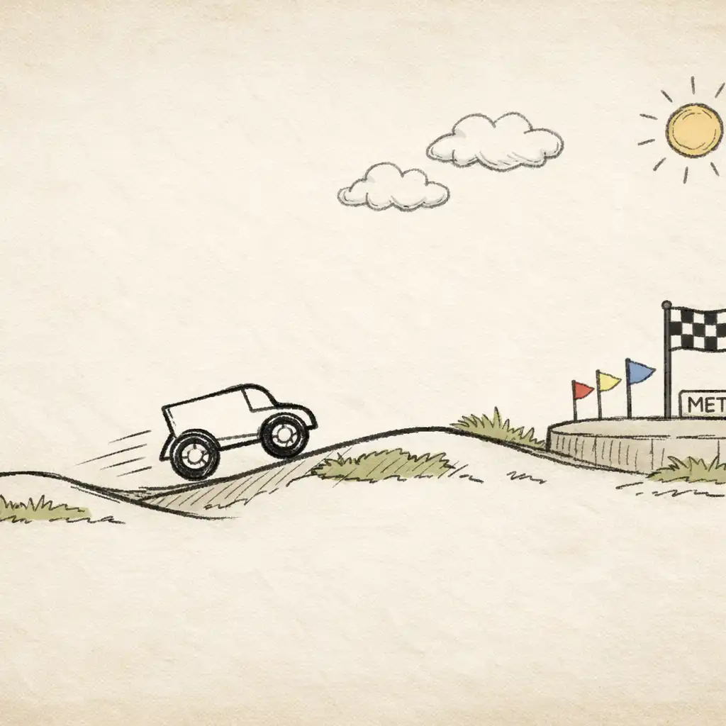 Ręcznie narysowany pojazd z dwoma kołami rusza po pofałdowanej trasie w stronę mety w Doodle Racing.
