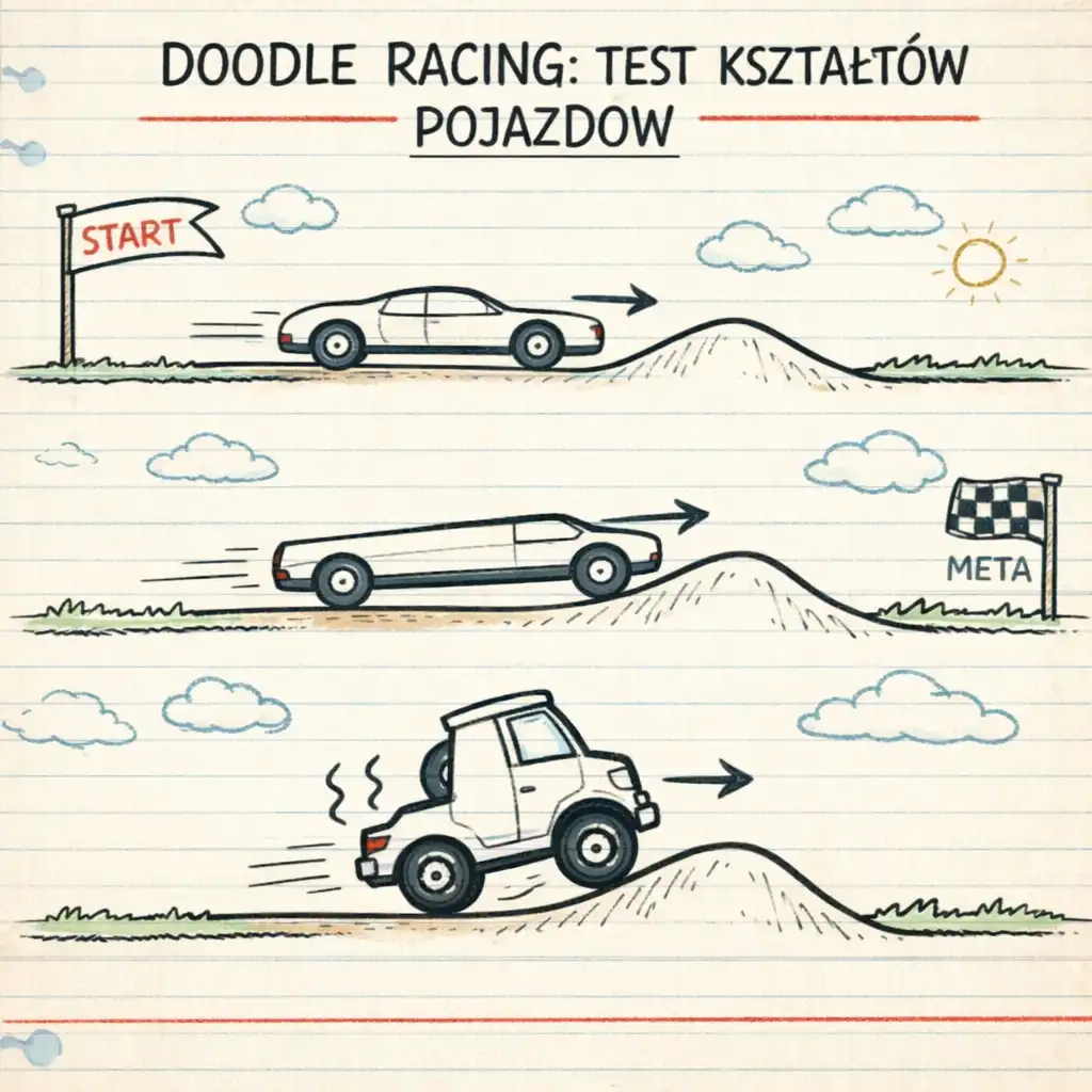 Trzy warianty narysowanych pojazdów z widocznymi kołami są testowane na tej samej trasie w Doodle Racing.